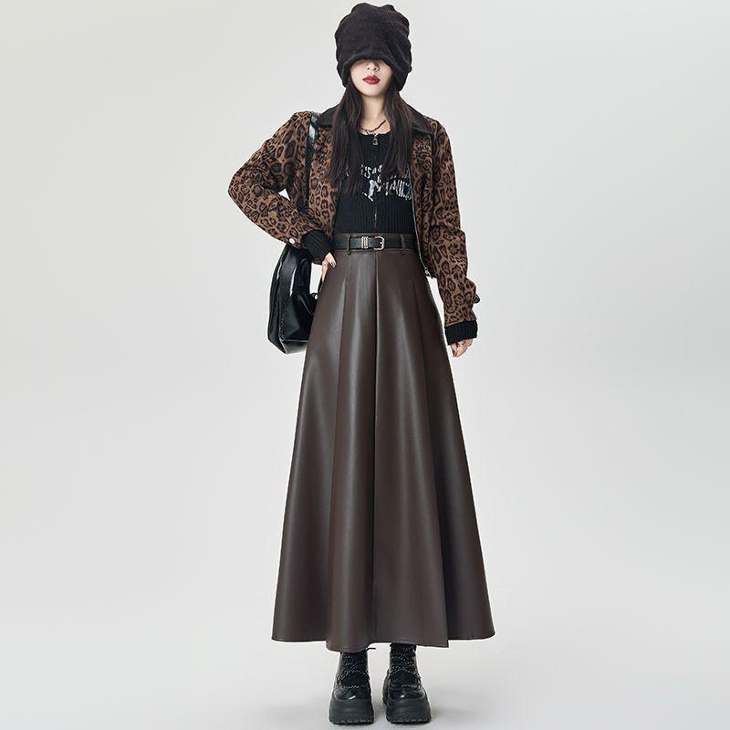 Vintage PU Leather Women Midi Skirts Y2K Autumn High Waist Streetwear with Belt Pleated Skirt Female Elegant Solid A Line Skirts