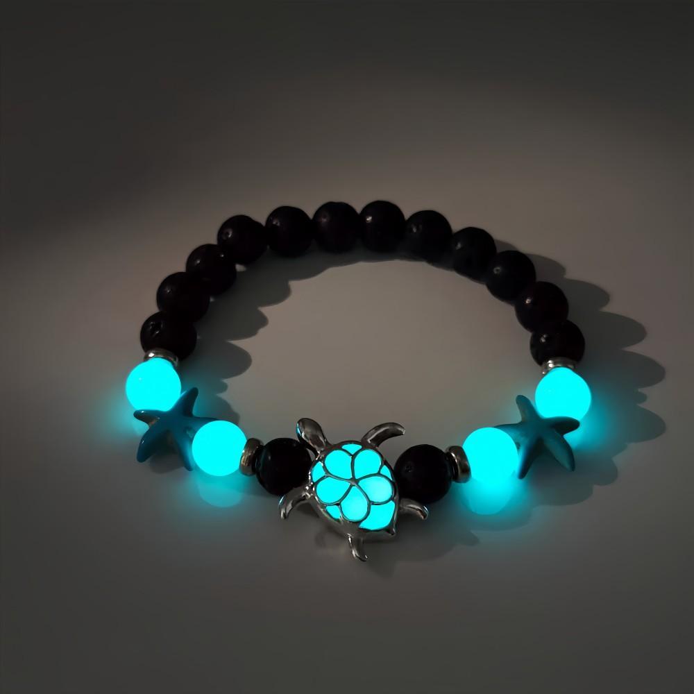 Ocean Wind Luminous Sea Turtle Beaded Bracelet Volcanic Stone Starfish Embellished String Shining Colorful Light Gift