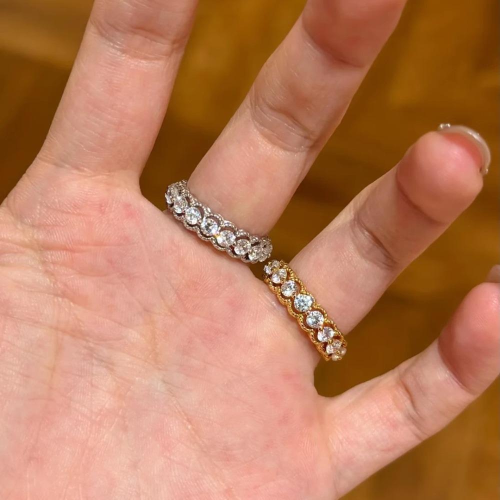 Vintage Style Open Ring Women Gold Plated Hollow Out Lace Round Diamond Stackable Minimalist Jewelry