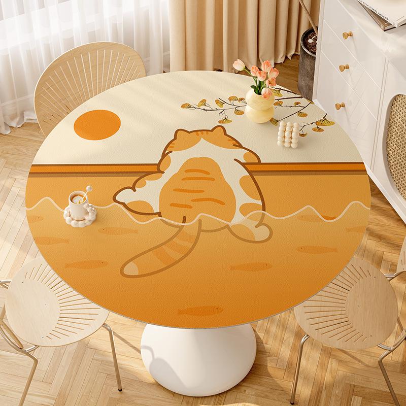Cartoon Cute Small Round Table Mat Oil-Proof Round Dining Table Cloth Living Room Dust-Proof High-End Cover Cloth Leather Leave-In Tablecloth
