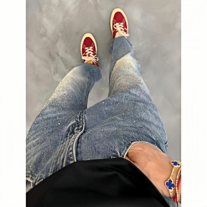 High Street American Casual Straight Jeans Men's Loose Autumn and Winter New Old Hot Diamond High Street Wide Leg Pants