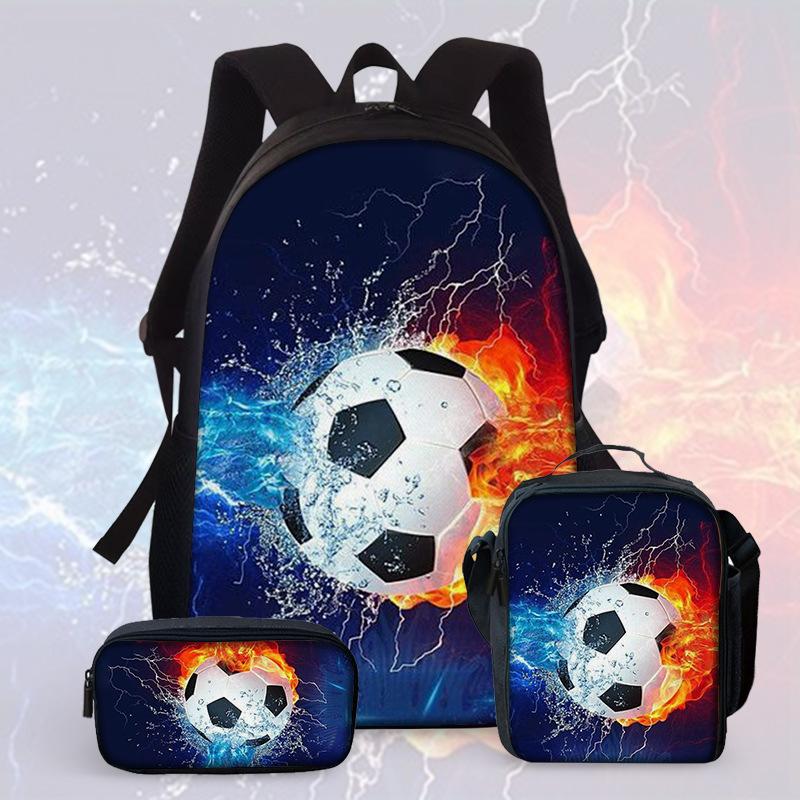 Football Cartoon Print Junior High School Backpack Three-Piece Children'S Schoolbag Primary School Backpack