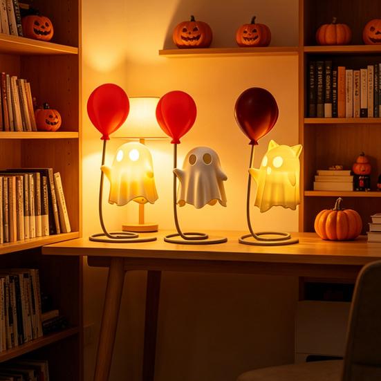 Cute Ghost Figurine with Balloon, Warm LED Ghost Night Light, Halloween Decoration for Bedroom Desk Table Centerpiece Cozy Ornament Gift