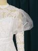 Plus Size Women's See-through Lace Patchwork Puff Sleeve Dress, Round Neck, Cinched Waist, Mid-length.