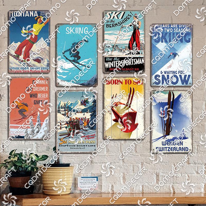 Ski Poster Metall Blechschilder Skipiste Schlitten Winter Skifahren Sport Metallplatte Vintage Wanddeko Geschäft Ski Club Wohnzimmer Zuhause