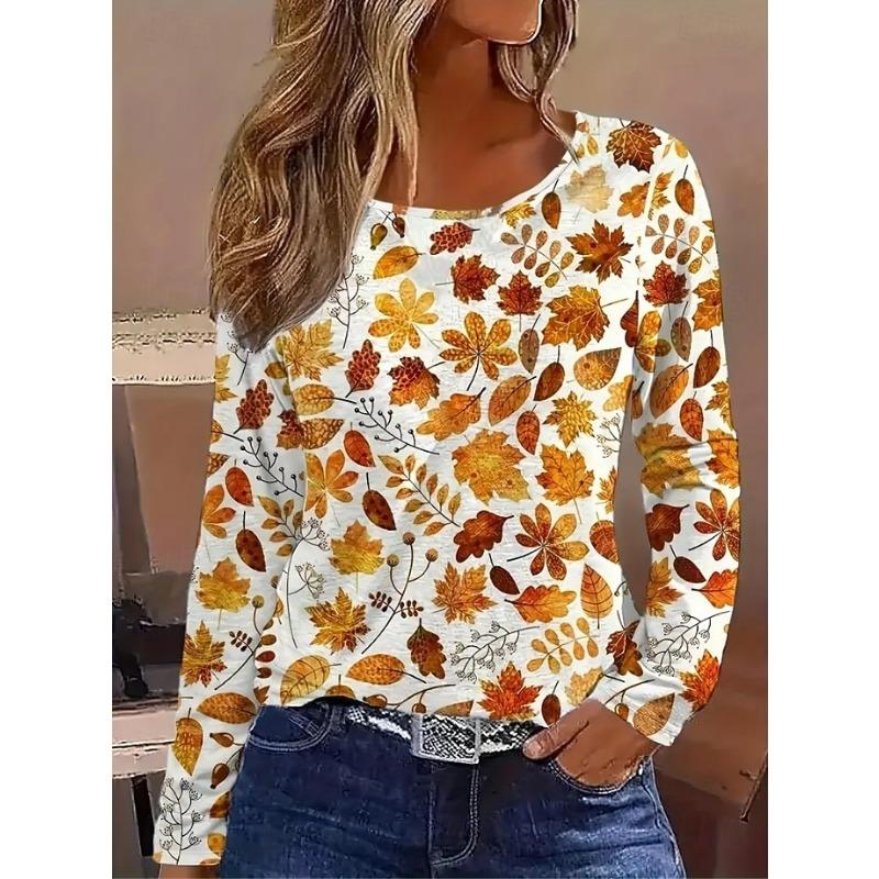 Camiseta de Manga Larga con Cuello Redondo y Estampado de Hojas para Mujer, Top Casual de Moda, Ropa Jersey