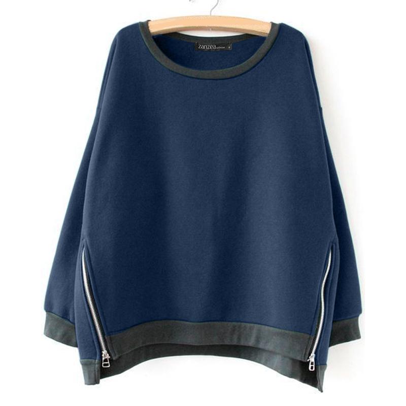 ZANZEA Women Casual Round Neck Long Sleeve Zipper Pullover Sweatshirts