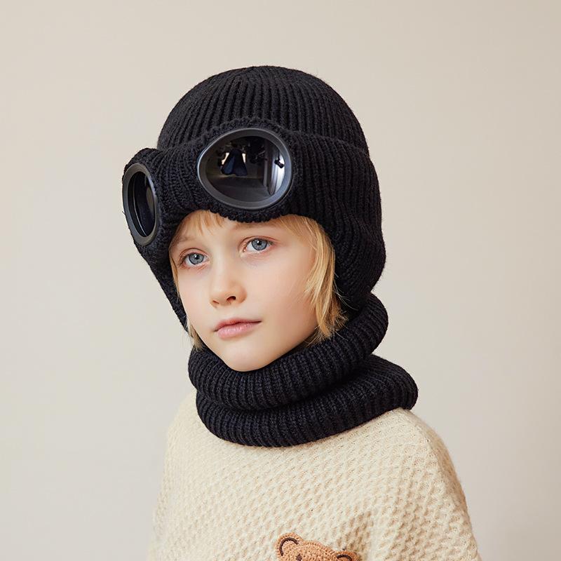 Dětská čepice šátek Dvoudílná zimní sametová ochrana uší Vlněná čepice s brýlemi Chlapecká pletená čepice Lyžařská čepice Skullies Beanies