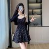 Beautiful Girl Black Floral Print Mini Dress Thin Strap Ruffle A Line Dress High-waist Slim Casual White Short Dress Summer Casual Beach Party Dress