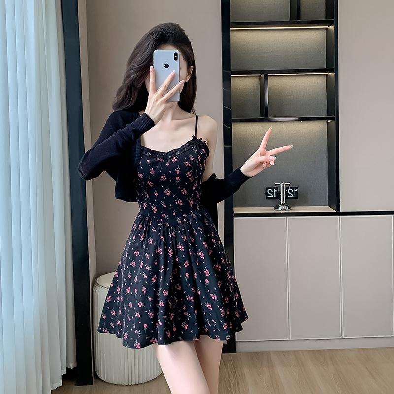 Beautiful Girl Black Floral Print Mini Dress Thin Strap Ruffle A Line Dress High-waist Slim Casual White Short Dress Summer Casual Beach Party Dress