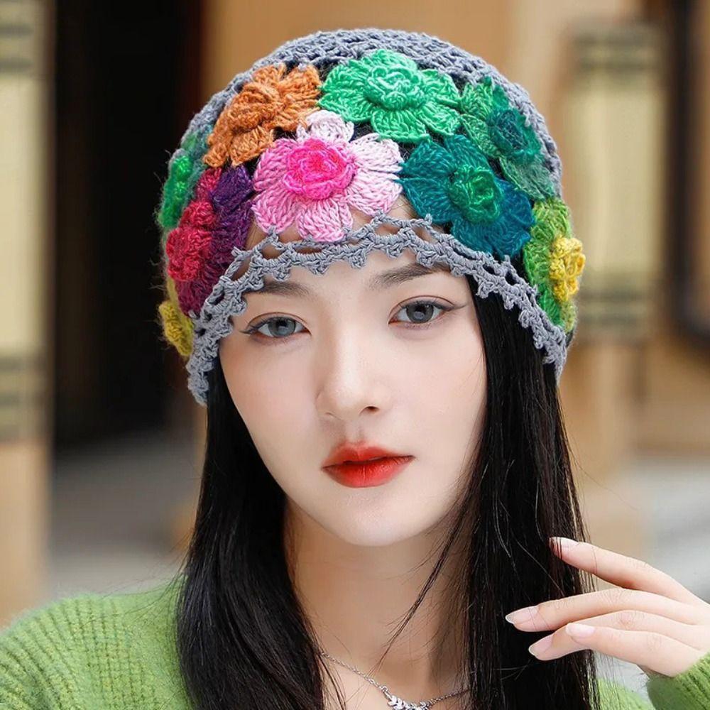

Woolen Flower Hollow Knitted Hat Crochet Ethnic Style Pullover Hat Sweet Beanie Cap Ladies серый