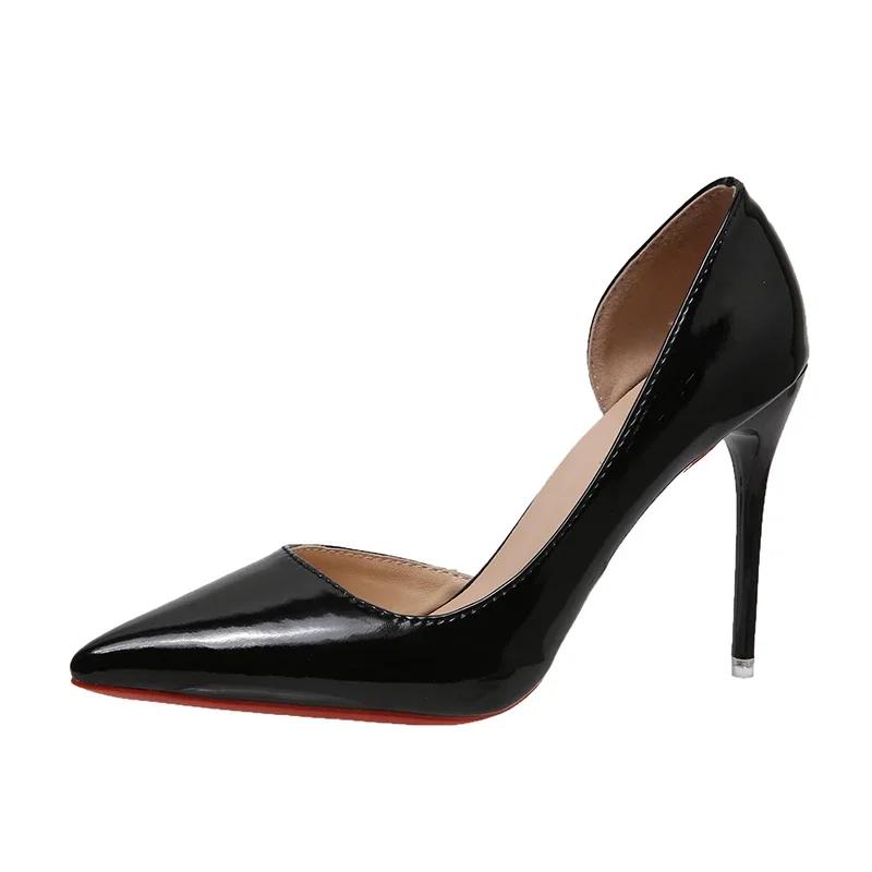 Black Patent Leather Side air Pointed Toe Red Rubber Bottom Women High Heels Party Shoes Sexy Ladies Dress Stiletto Pumps 44 45
