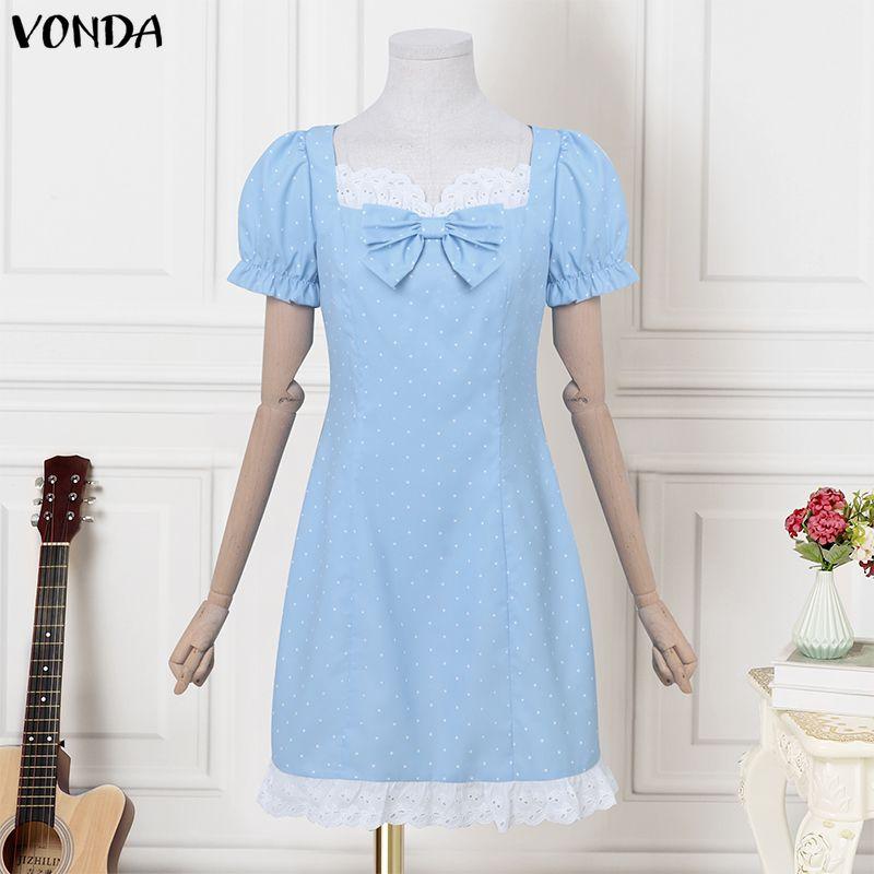 VONDA Rochie Mini Casual pentru Femei cu Gât Pătrat, Mâneci Scurte Bufante, Fundă și Buline