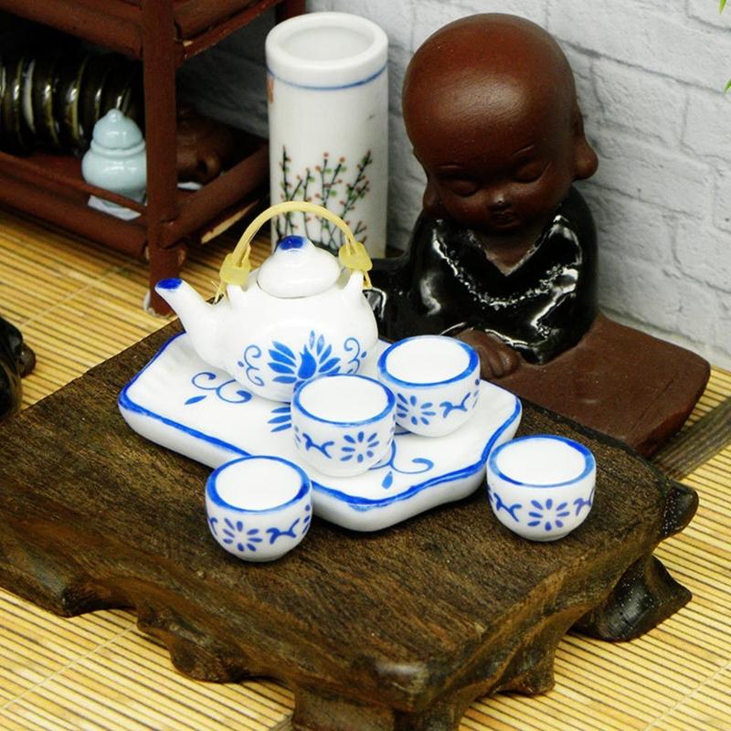 Miniature Teaware Set Model For Children And Collectors With Blue White Porcelain Teapot Cup Tray Doll House Furniture
