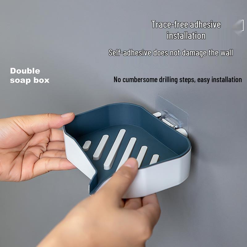 Double Layer Color Block Wall-Mounted Soap Dish - Creative, Punch-Free, Drain Storage Rack for Bathrooms.