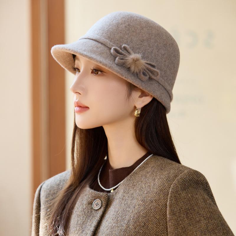 New Hat Women's Elegant Retro Basin Hat Wool Woolen Mother Hat Classic Bow Thermal Hat