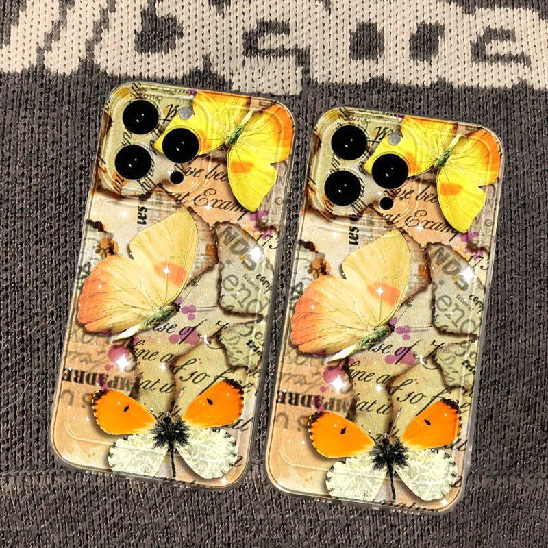 Yellow butterfly is suitable for iPhone17promax Apple 16 mobile phone case 14/13 fine hole 15 transparent and anti-drop.