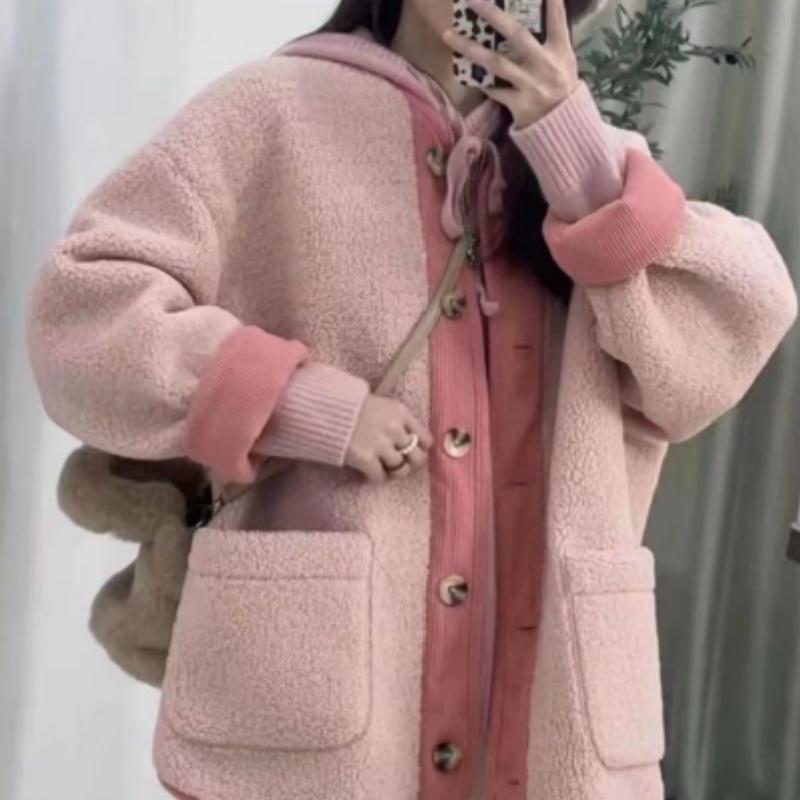 

Куртка с хлопковой подкладкой, женская, короткая, свободного покроя, куртка с толстой подкладкой, флисовое однобортное теплое пальто с карманами на осень и зиму L розовый