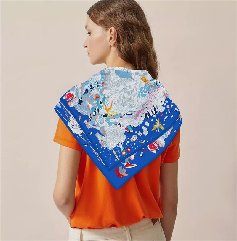 POBING Twill Silk Scarf Women Euro Horse Print Square Scarves Echarpes Foulards Femme Wraps Bandana Lxury Hijab