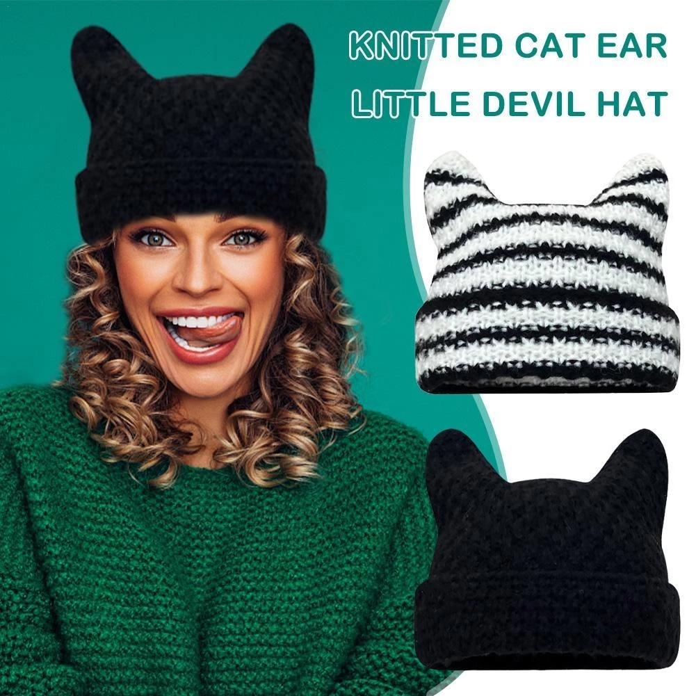 Nowa japońska czapka beanie Ins Mały Diabeł Pasiasta Dzianinowa Wełniana Czapka Jesień Zima Ciepła Urocza Uszy Kota Szpiczasta Pulower Damskie Czapki