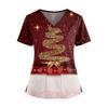 Women's Christmas Print V-Neck Short Sleeve Scrub Top with Pockets and Side Slits