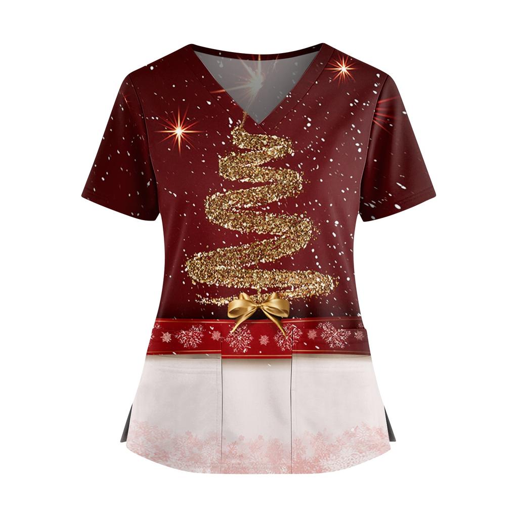 Women's Christmas Print V-Neck Short Sleeve Scrub Top with Pockets and Side Slits