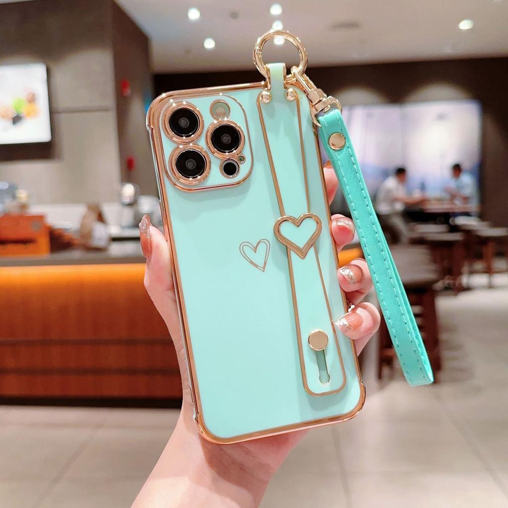 Electroplated Love Heart for IPhone16 Promax Wristband Holder for Apple 15 Simple Protective Case with Lanyard