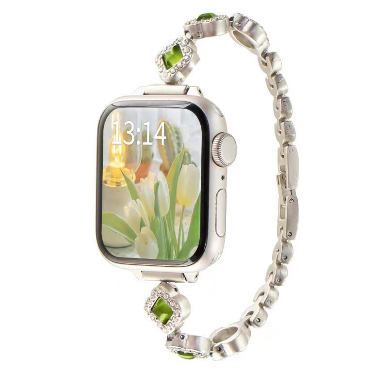 Compatible Four-Leaf Clover Diamond Metal Watch Band for Apple Watch 10/9, 11th Gen, and SE - Small Fragrance Style.