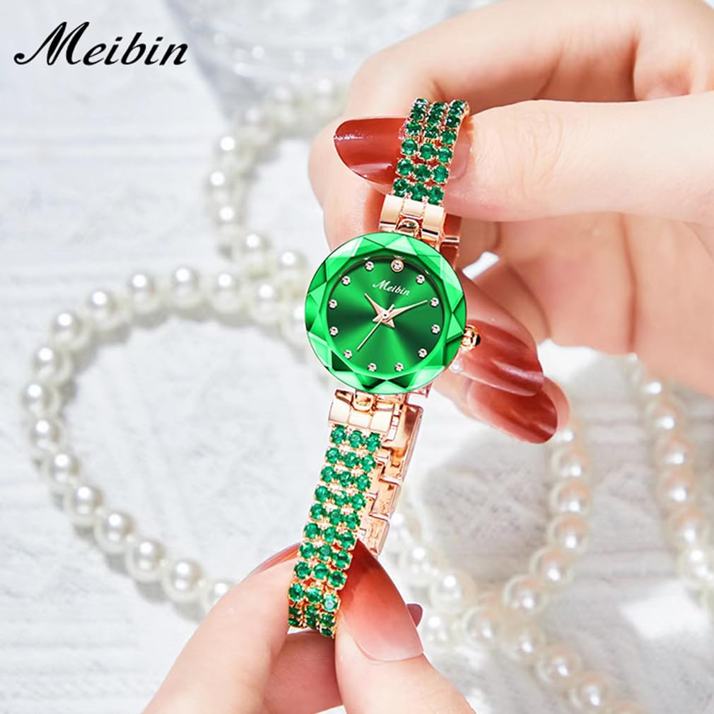 Cute and stylish crystal bracelet watch with waterproof quartz Simple A great gift idea for a luxury green women's movement. design. bangle. Small,