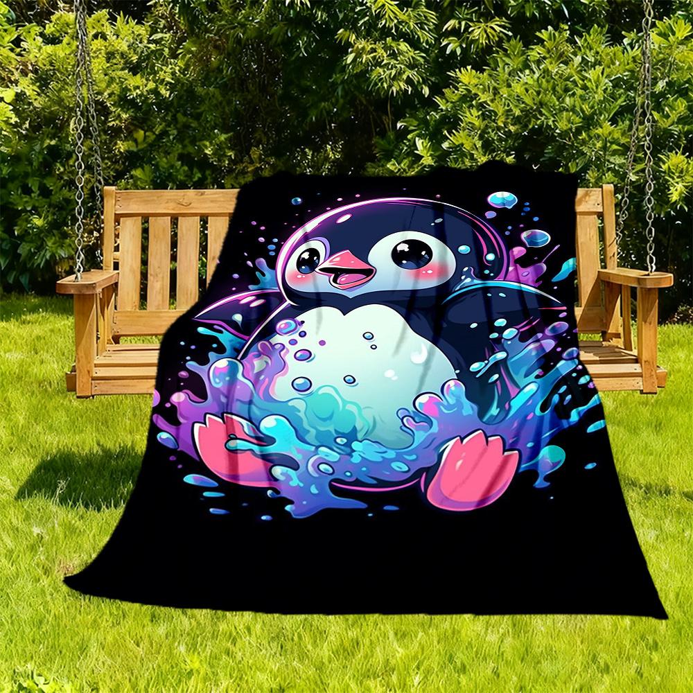 1pc Penguin Splash Flannel Blanket, Comfortable and Warm Blanket, for Camping Sofa Bed and Couch Office022