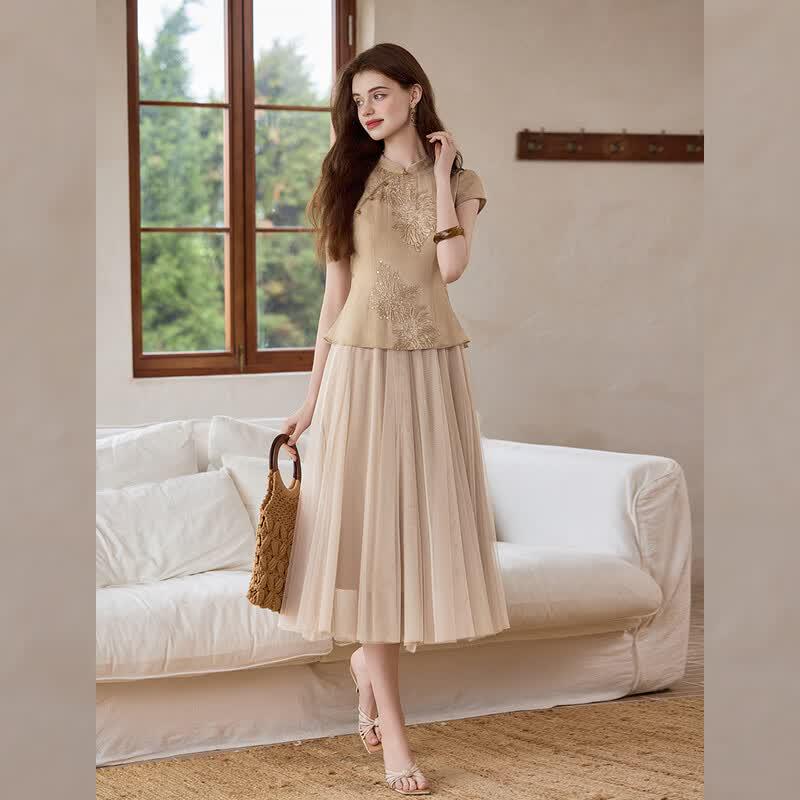 Bailuyu Women s New Chinese Style Stand Collar Bubble Sleeve Gauze Dress L хаки