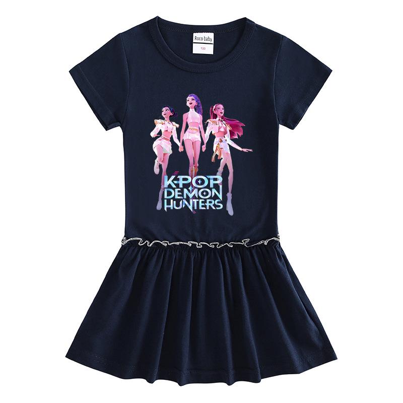Kpop Monster Hunter Girls' Summer Pleated Dress - Stylish Color Block Ruffle Skirt for Children
