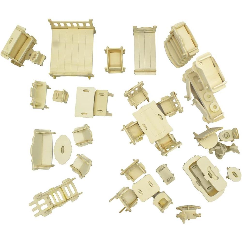 Meble Mały Domek dla Lalek 34 Szt. Drewniany Zestaw Mebli Puzzle 3D Zestaw Miniaturowego Domku dla Lalek Puzzle Prezent Dla Dzieci Nastolatków i Dorosłych