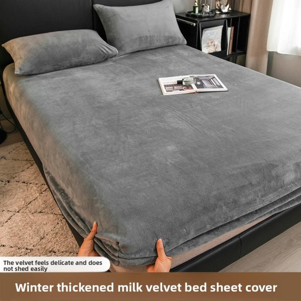 Winter Milk Velvet and Velvet Bed Sheet Single Mattress Cover Coral Velvet Thickened Bed Cover Single Full Package Bed Sheet Protective Cover