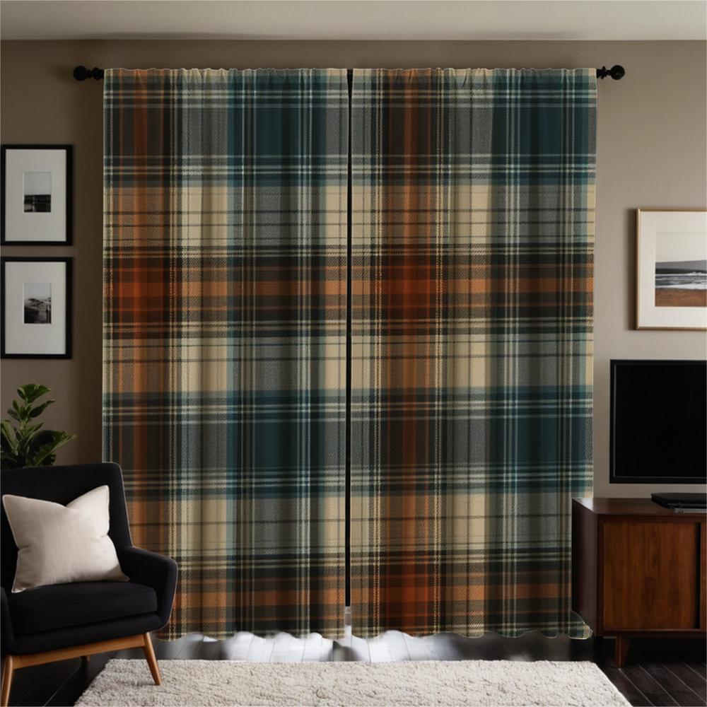 Piece Set High Definition Digital Printed Curtainplaid Style Colorful Checkered Pattern Curtainhome Decoration Curtain Polyester