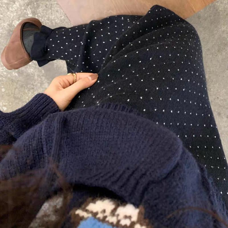Autumn/Winter Polka Dot Ruffle Knit Midi Skirt for Maternity - Slimming, Casual