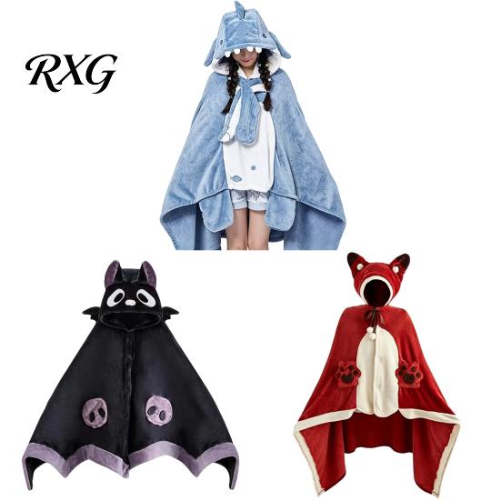 Soft Fluffy Hooded Cape Bat Blanket Hoodie for Adults, Cute Shark Fox Cape, Warm Wearable Cozy Halloween Cosplay Home Loungewear Plush