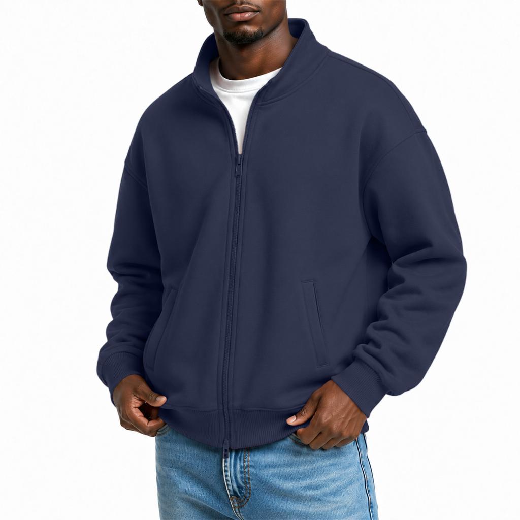 Men's Stand Collar Long Sleeve Zip-Up Sweatshirt with Two-Way Zipper for Spring and Fall