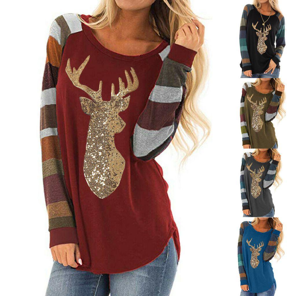 Festive Womens Christmas Tops With Sparkling Sequin Reindeer Long Sleeve Design