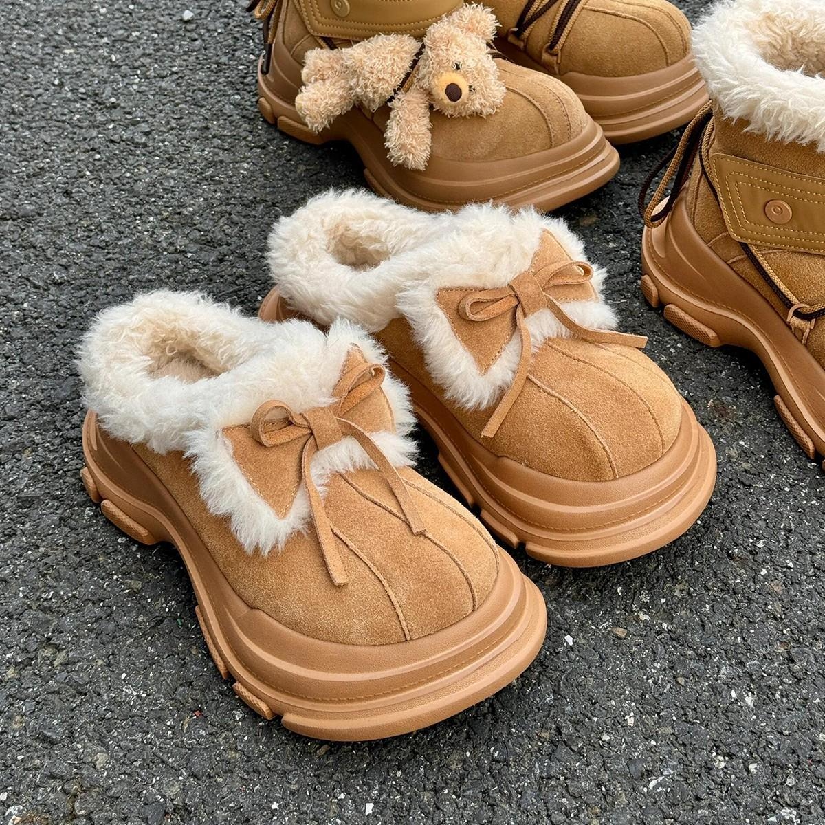 

2025 winter new thick-soled cute bow snow boots women s thickened fur integrated versatile niche Northeast cotton 40 жёлтый