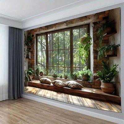 Tapiz de ventana rústico: Arte de pared de tela de poliéster suave con kit de colgado gratuito, perfecto para la decoración de la sala de estar y la oficina.