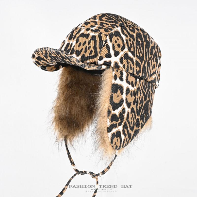 Unisex Fuzzy Leopard Print Beanie Hat With Ear Flaps Winter Warm Outdoor Cycling Cap