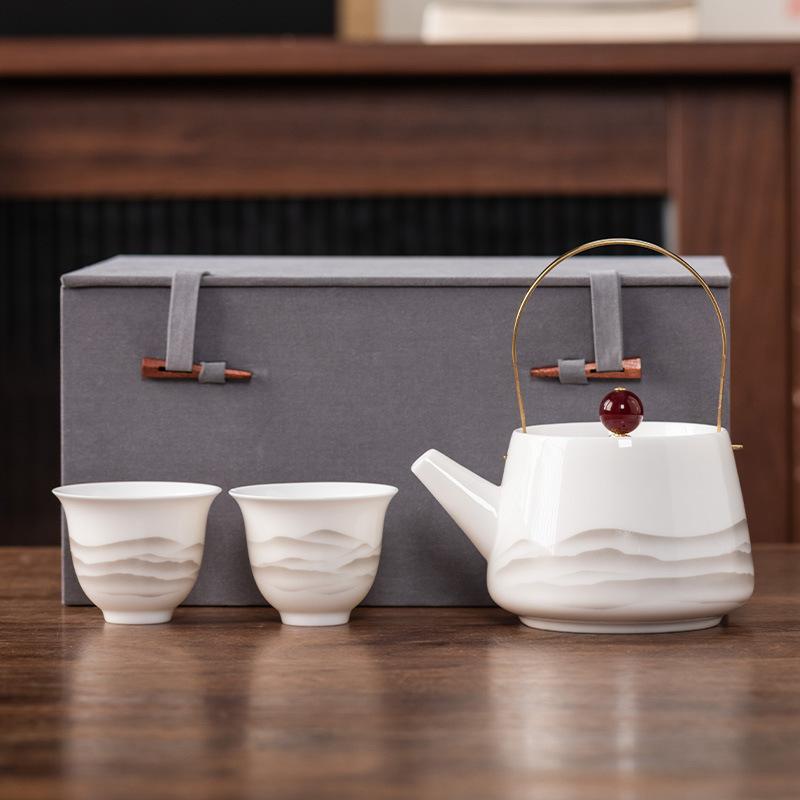 Beam Pot One Pot and Two Cups Suet Jade Porcelain Light Luxury Kung Fu Tea Set Kuaike Cup High-end Brocade Box Gift Box