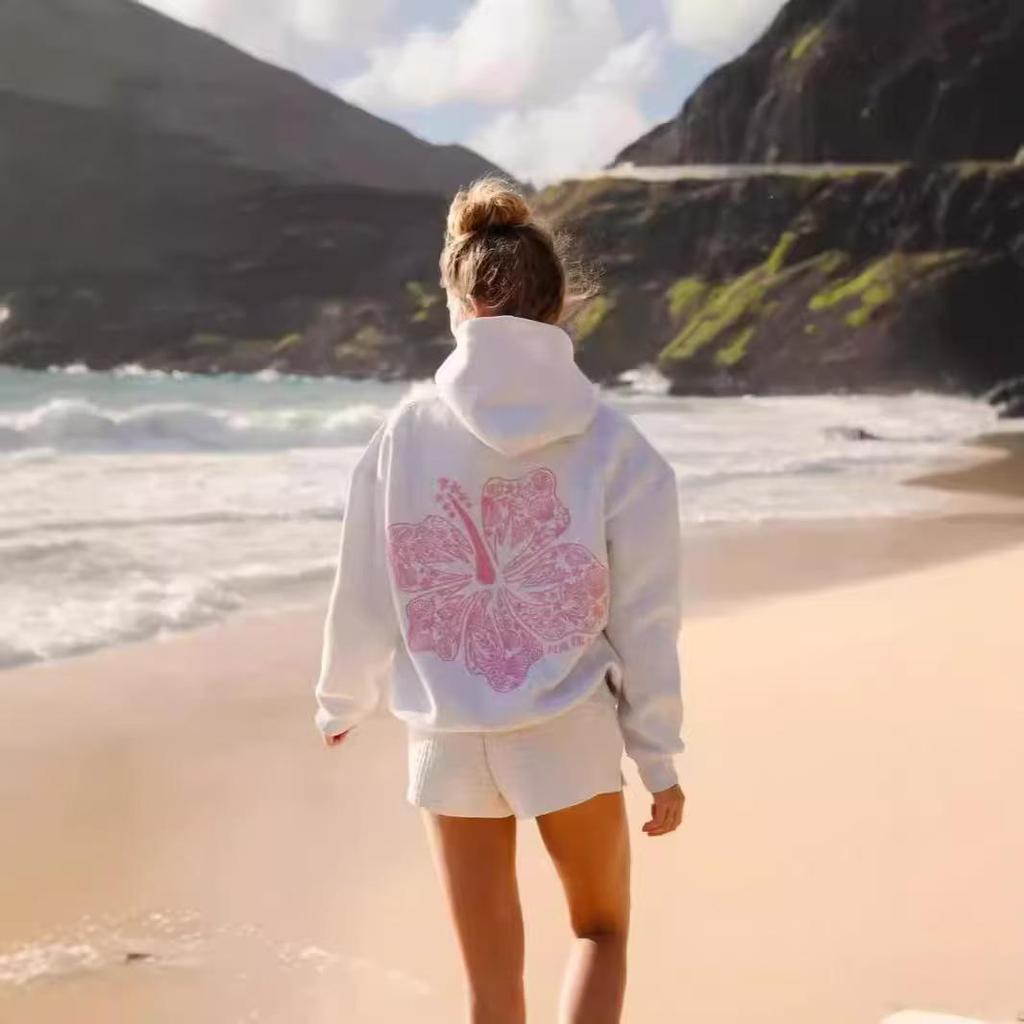 Sudadera con capucha de canalé bordada para mujer - Hombros caídos, corte holgado, manga larga, estilo femenino
