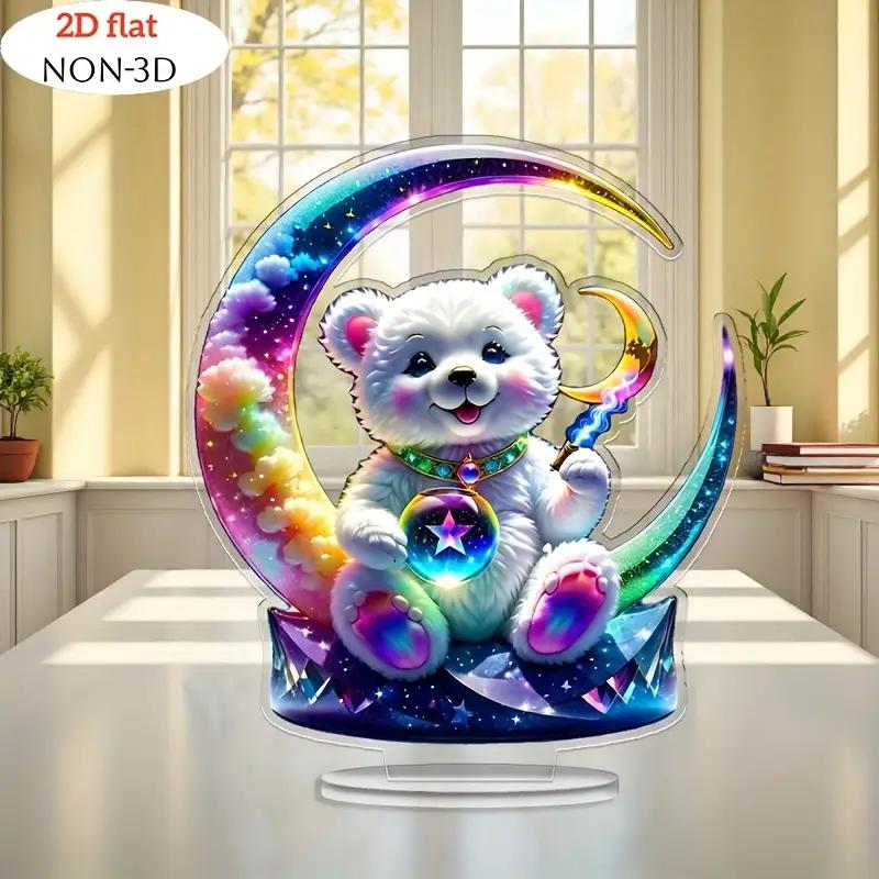 Colorful Moon Bear Acrylic Statue with Base - Bookcase Ornament Decorative Stand for Kitchen Cabinet Office Desk