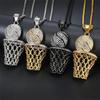 Gold Rhinestone Basketball Hoop Pendant Necklace, Hip Hop Style, Color-Preserving Titanium Steel
