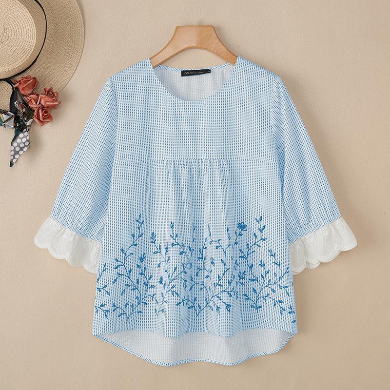 ZANZEA Lässige Bluse mit Rundhalsausschnitt und 3/4-Ärmeln und lockerem Print für Damen