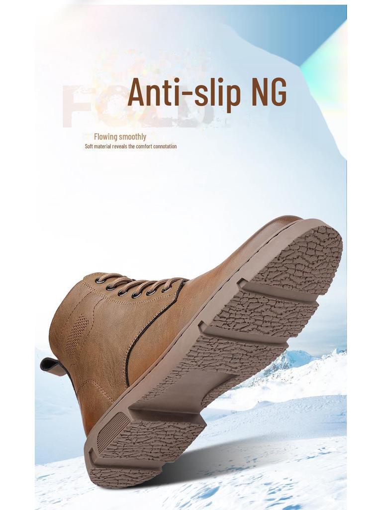Men's Plush Genuine Leather High-Top Boots - 2024 Trendy Wool Cotton Warm Snow Work Shoes