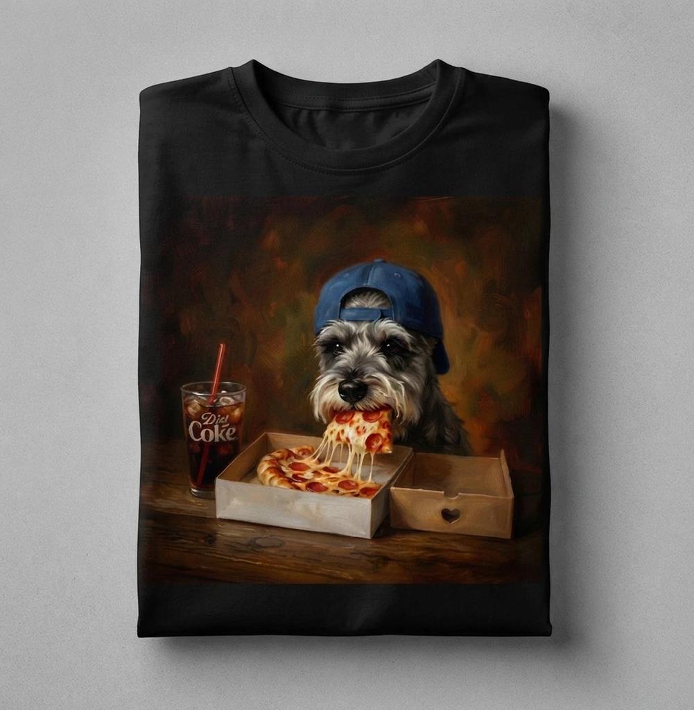 Funny Schnauzer Eating Pizza T-Shirt Black Graphic Print Novelty Tee