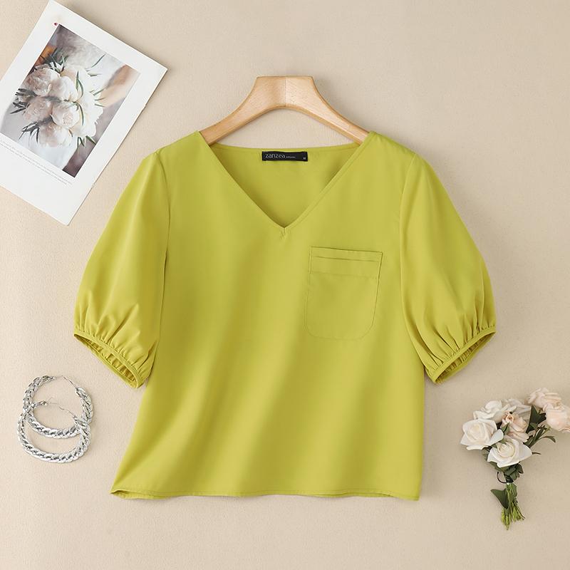 ZANZEA Women Casual V-Neck Summer Short Sleeve Blouse
